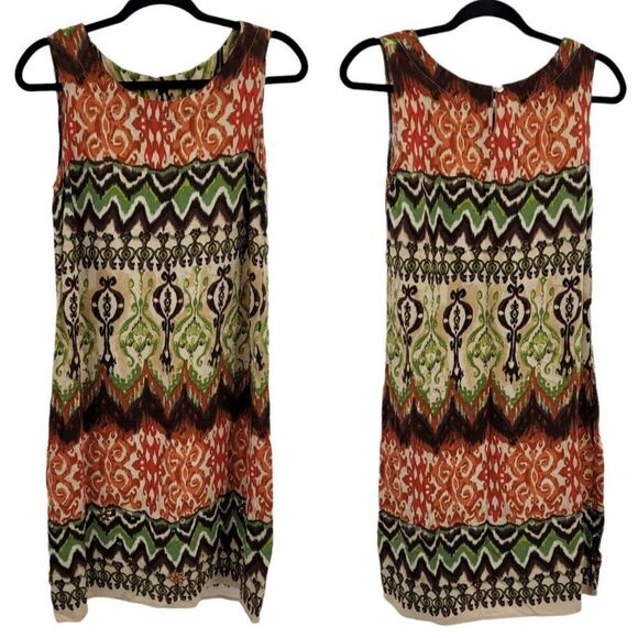 Vtg R&K Dress Boho Tribal Sleeveless Shift Tea Length Warm Neutrals Beaded Sz 8 - Picture 1 of 13